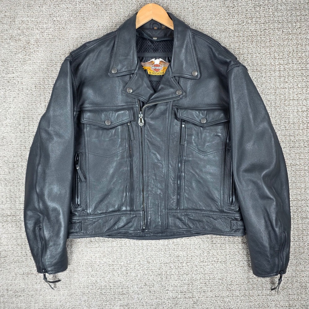 Vintage Harley Davidson Mens XL Black Leather Biker Riding Jacket Vented